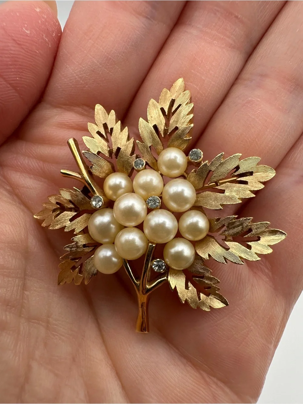 Trifari Gold-Tone Pearl Cluster Leaf Brooch with Matching Earrings